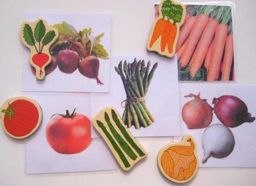 5-card VEGETABLES with  matching wood magnets, Set # 1