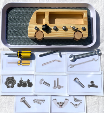 WOODEN MANIPULATION BOARD with 6 Screws, 3 Tools, Matching Cards and Tray — view 2