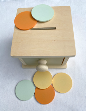 WOODEN MONEY BOX with 6 "COINS"